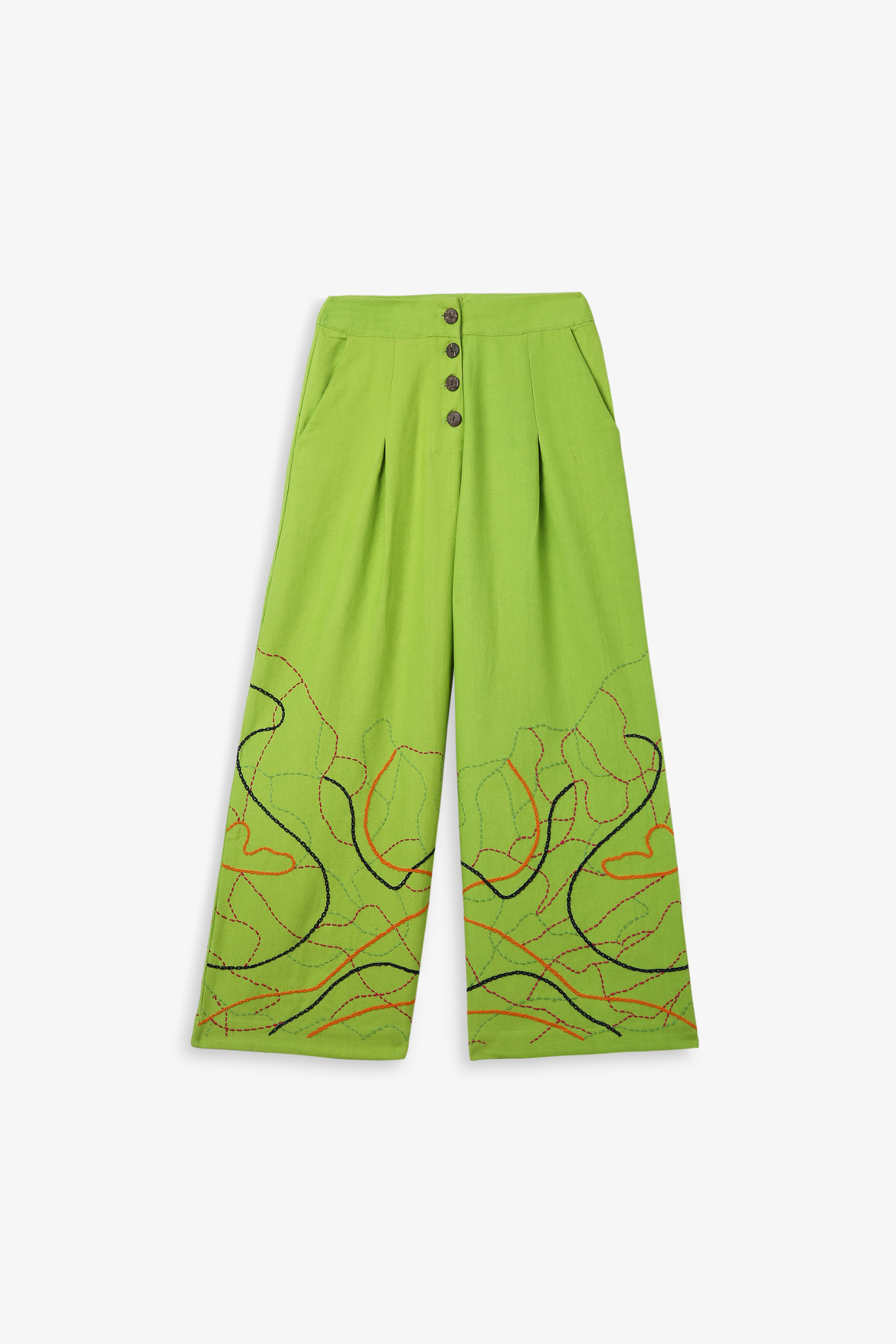 Wide-Leg Trousers Kantha Embroidered Hem