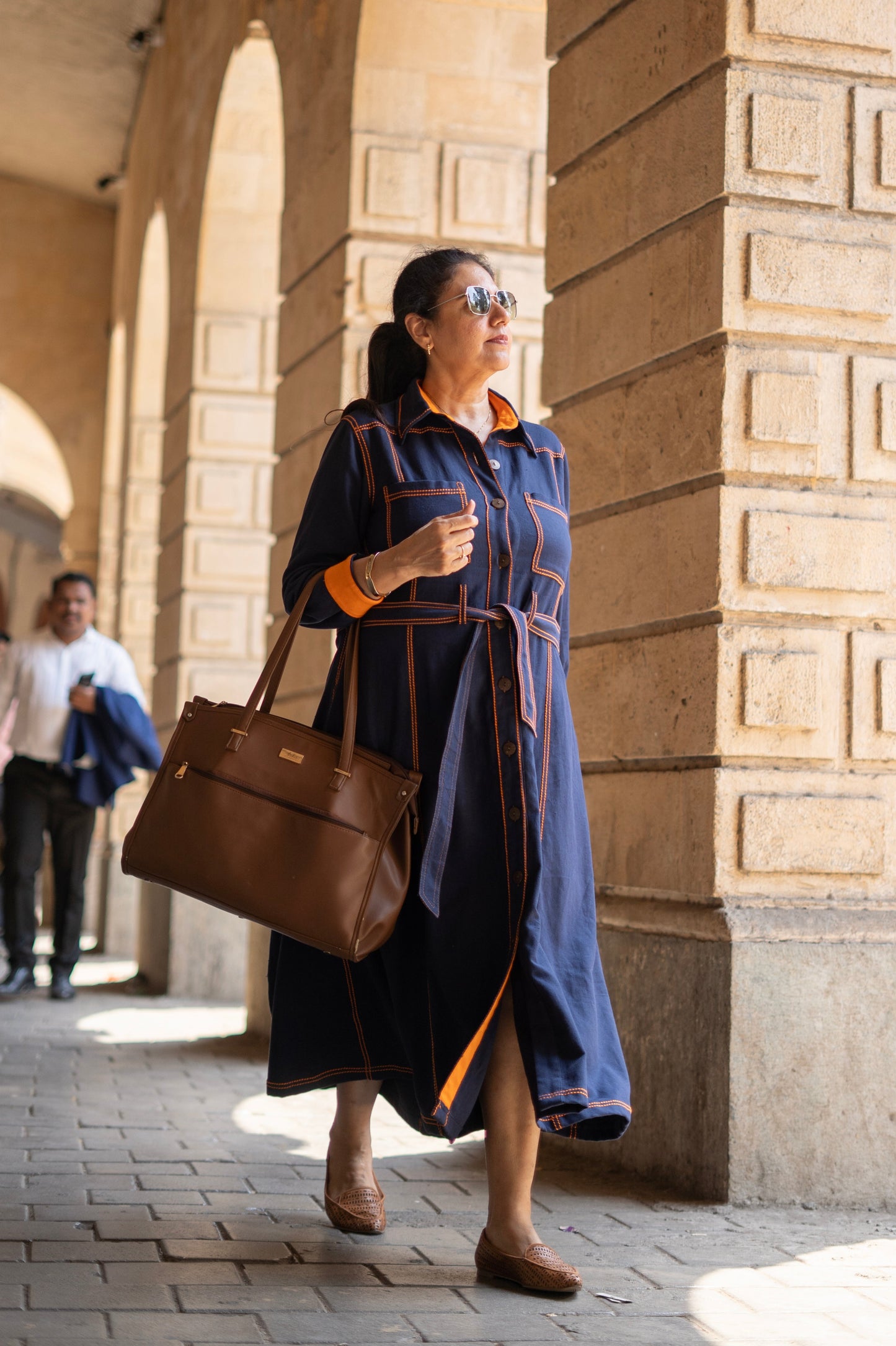 Contrast Stitch Belted Shirt Dress