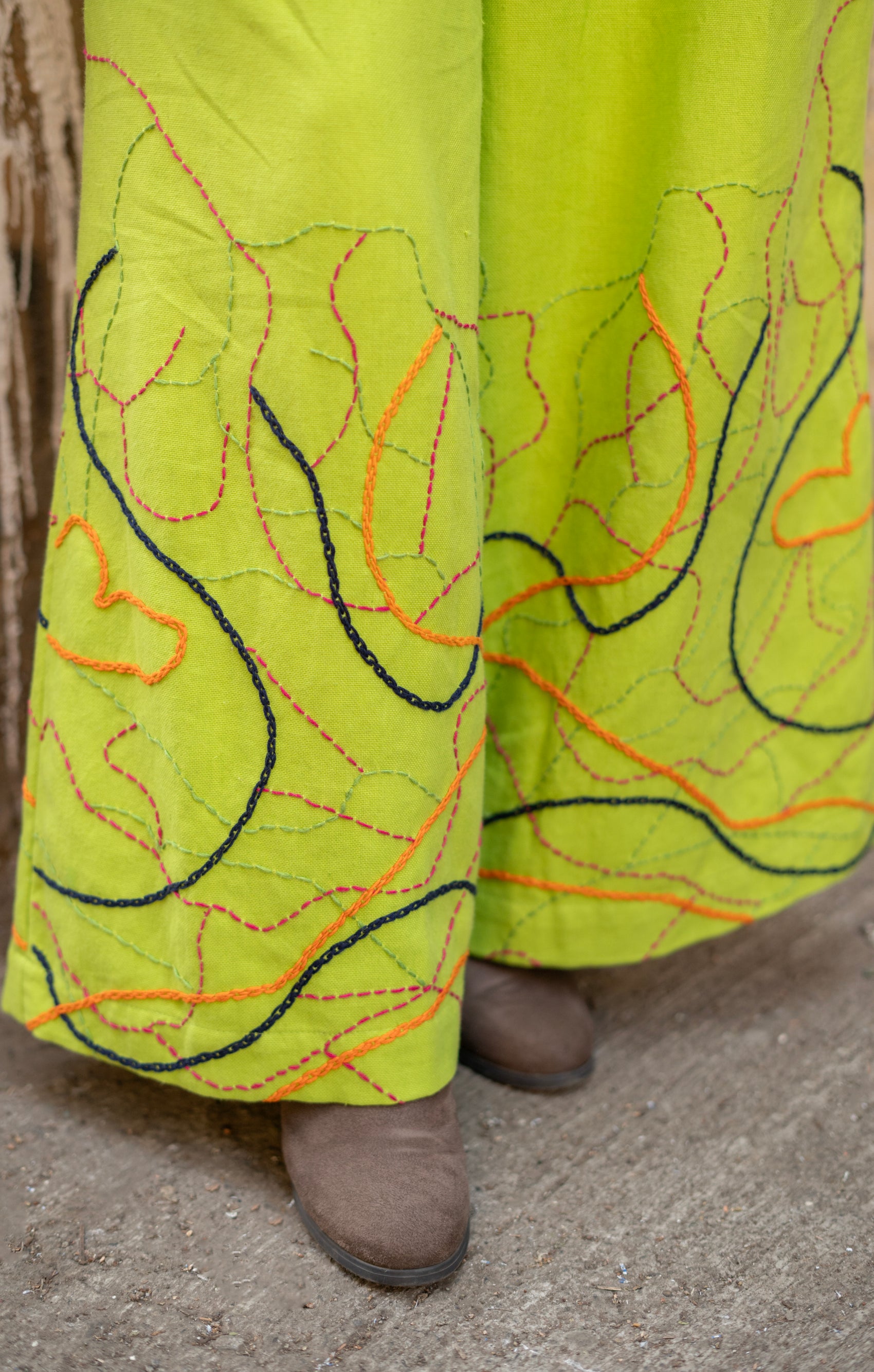 Wide-Leg Trousers Kantha Embroidered Hem