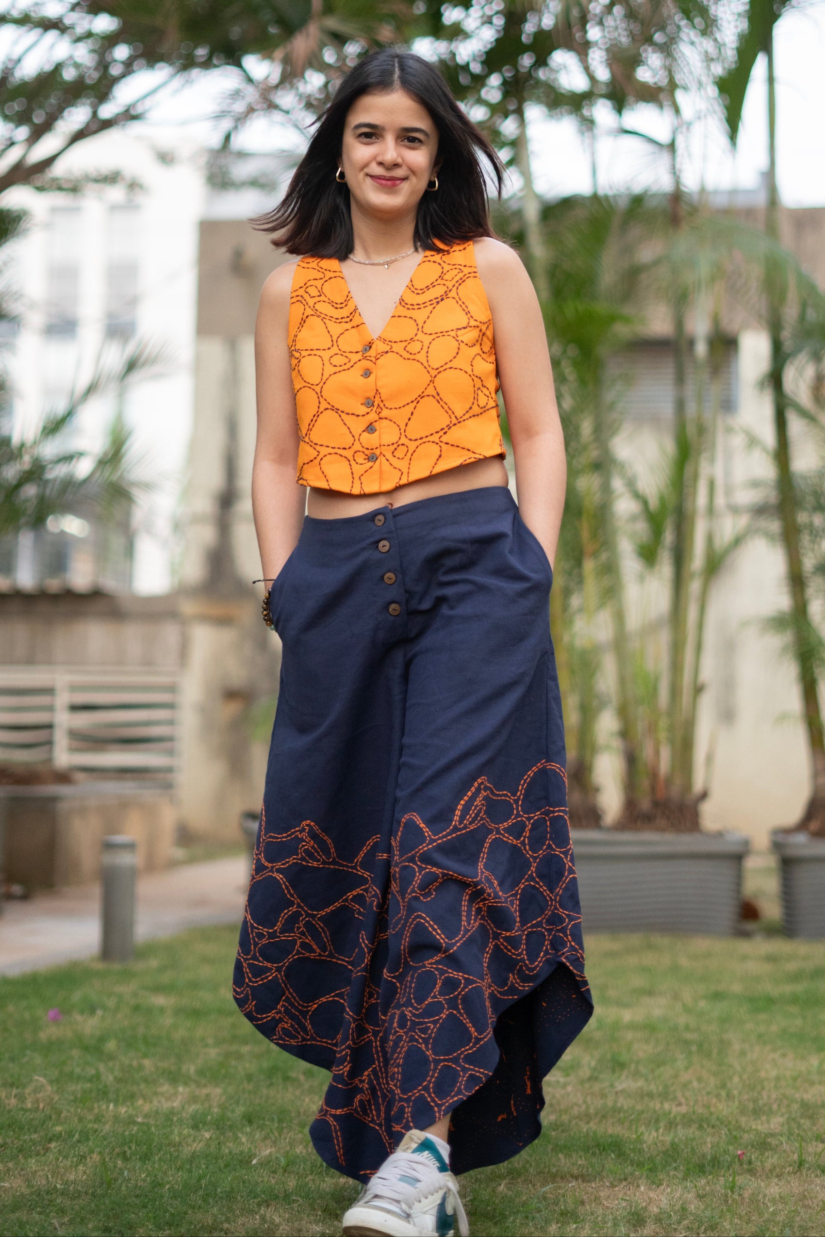 Asymmetric Embroidered Flare Pants