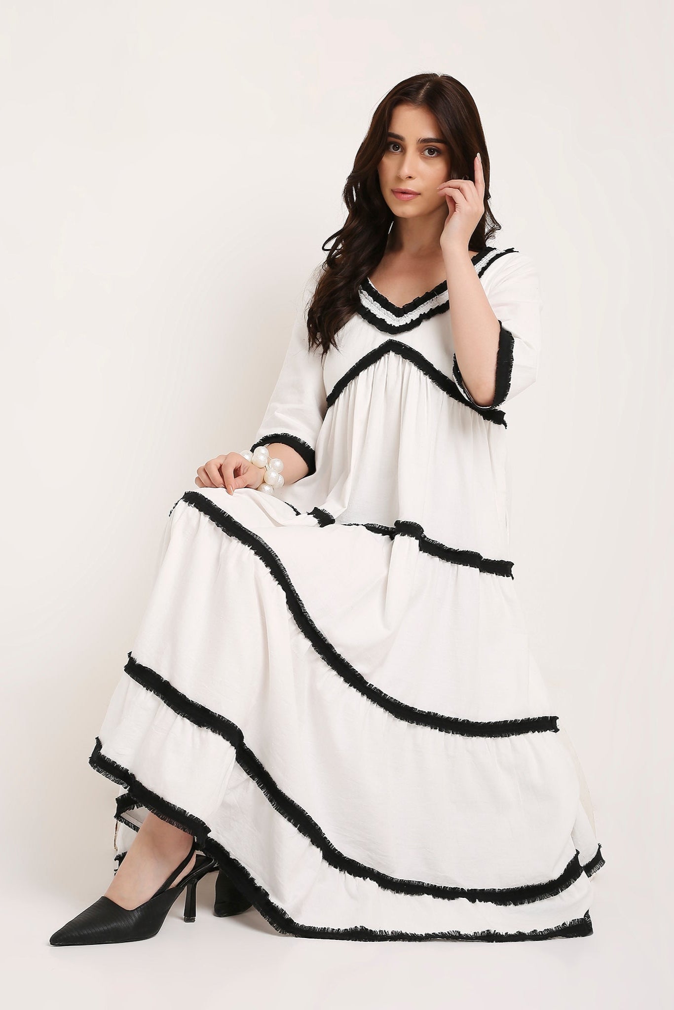 RUFFLED MONOCHROME MAXI DRESS