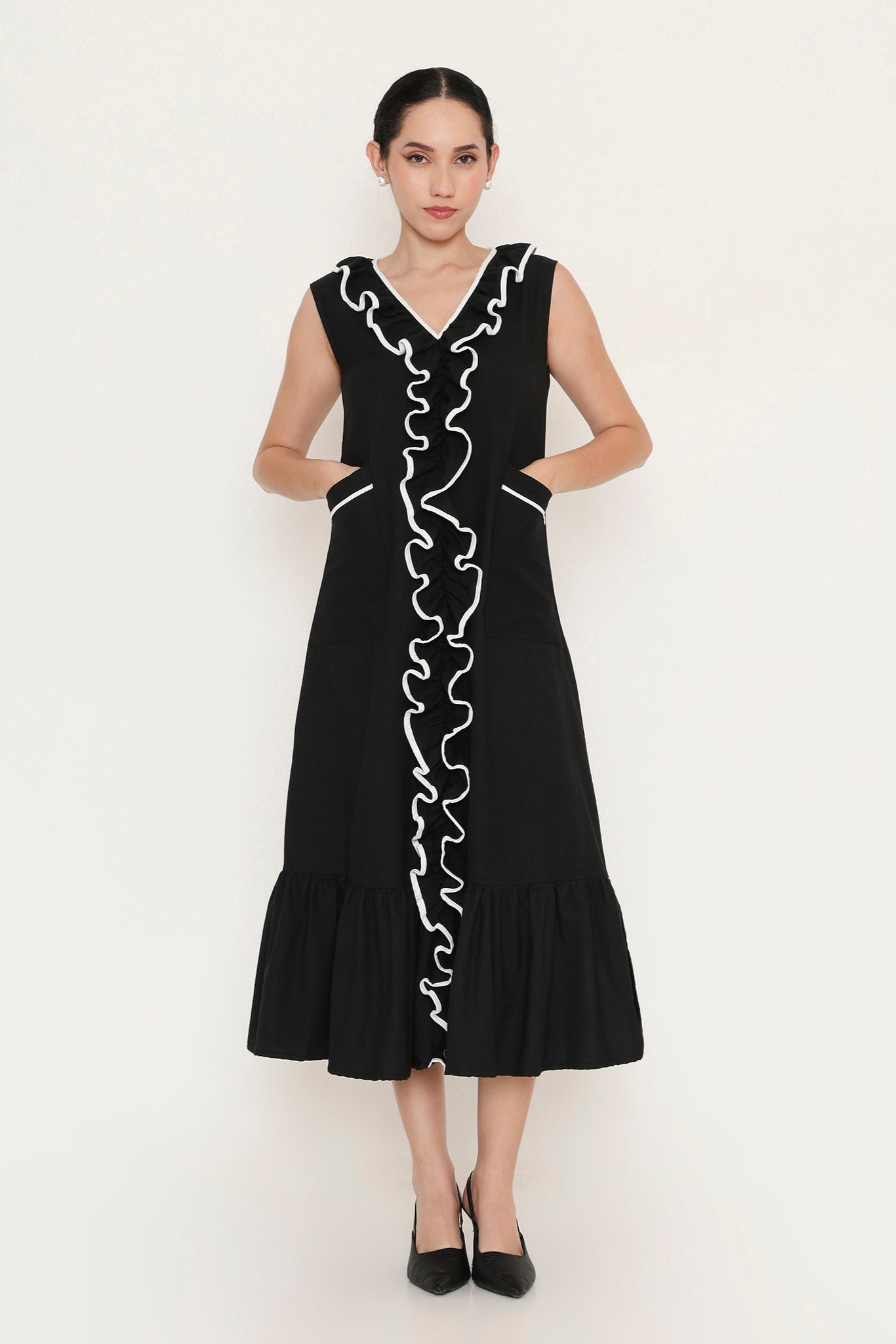 LONG RUFFLE MIDI DRESS