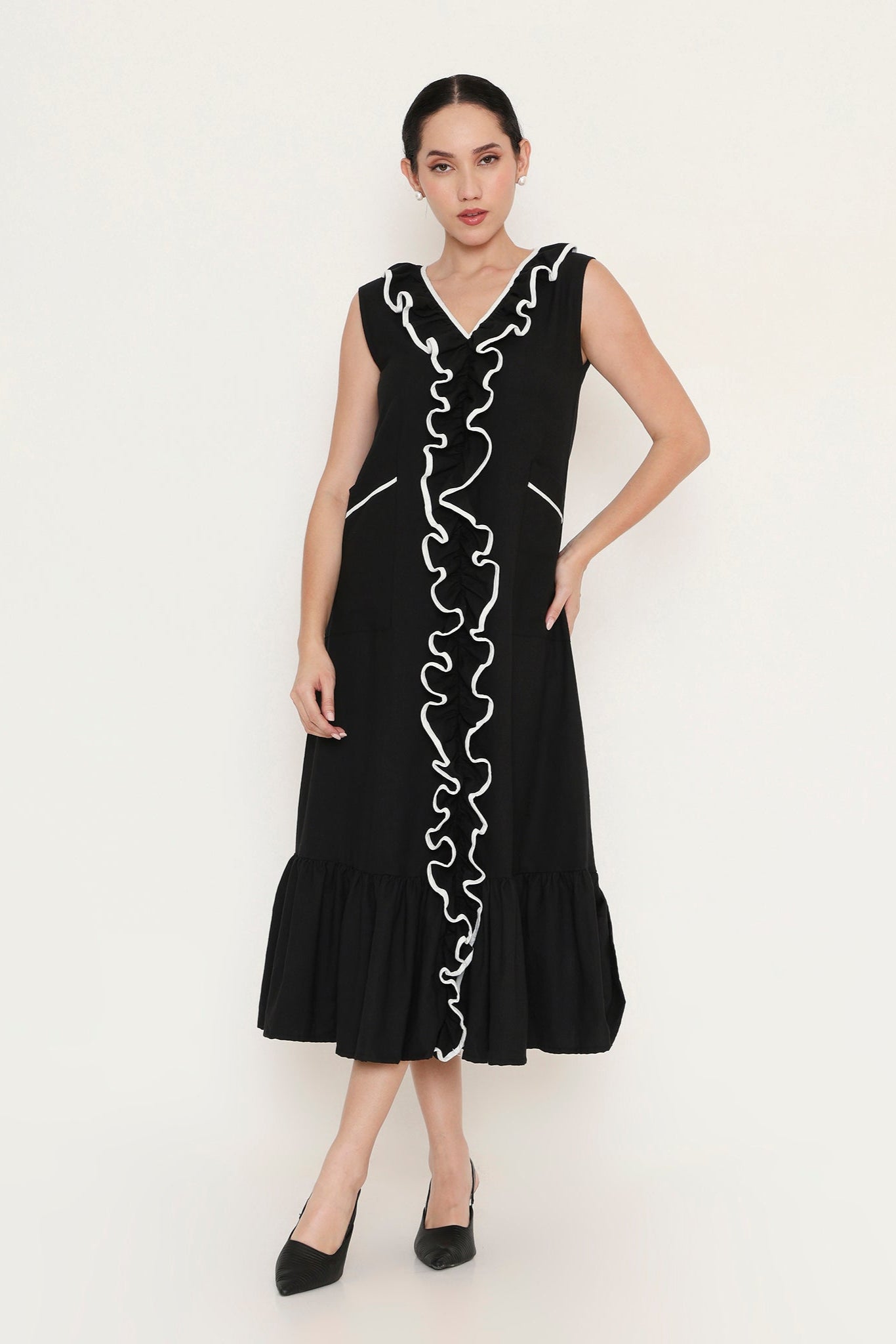 LONG RUFFLE MIDI DRESS