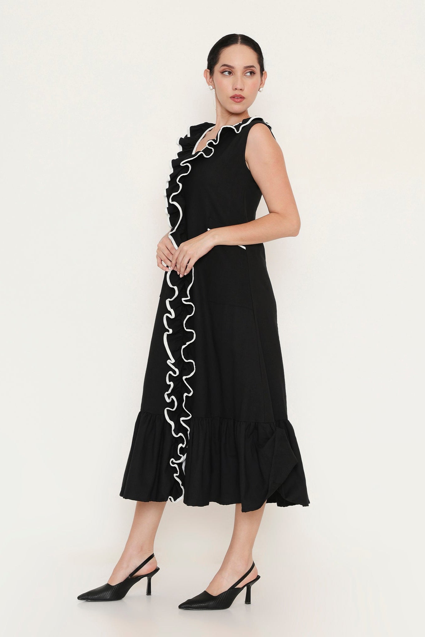 LONG RUFFLE MIDI DRESS