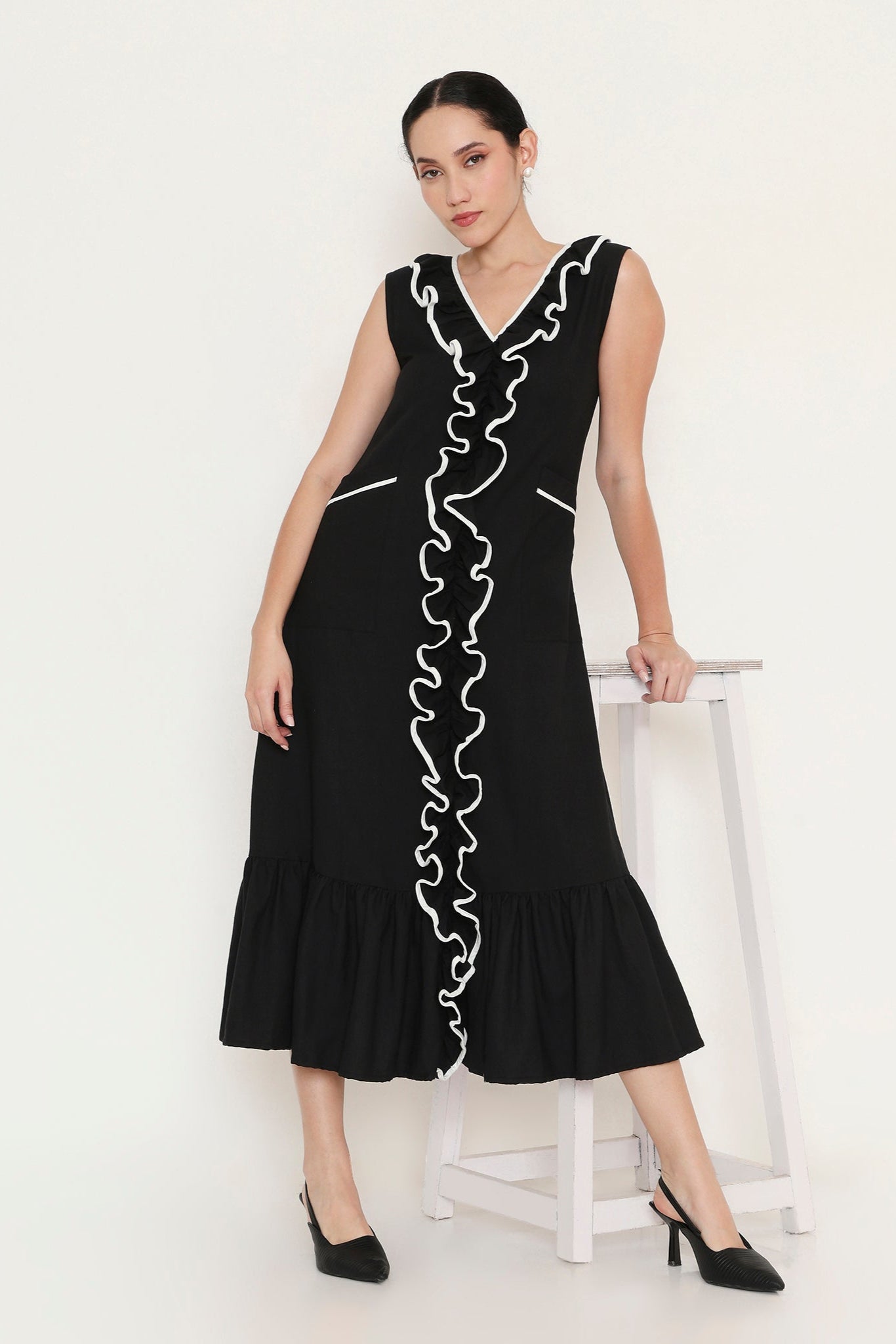 LONG RUFFLE MIDI DRESS