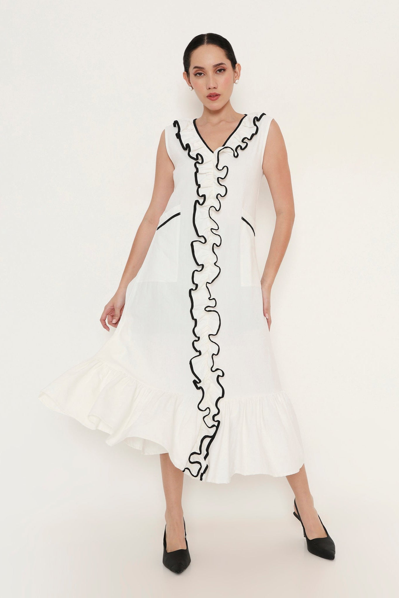 Contrast Frill Panelled Midi Dress