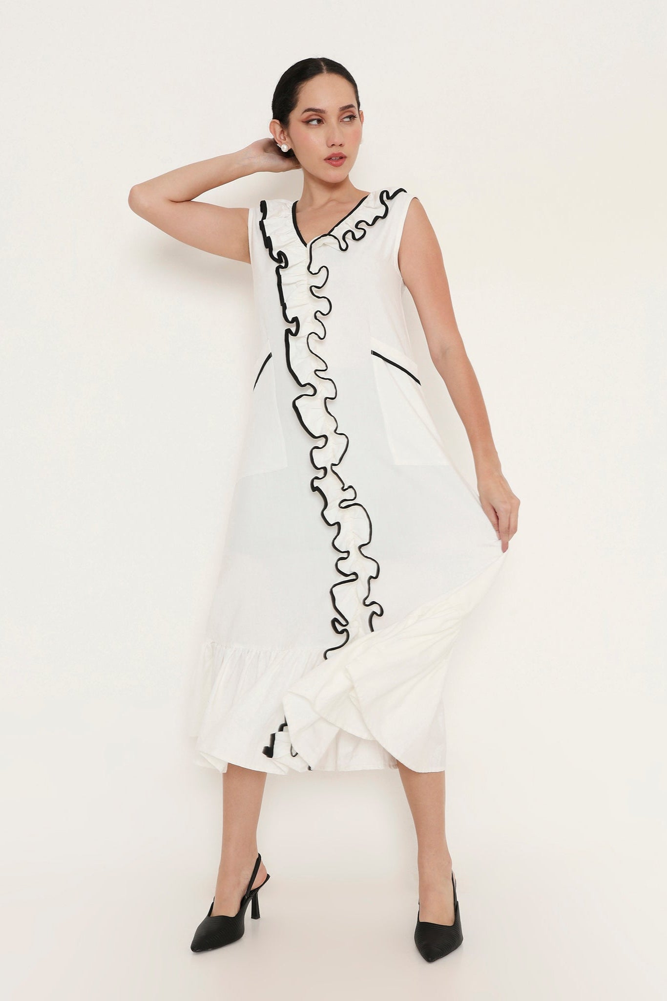 Contrast Frill Panelled Midi Dress