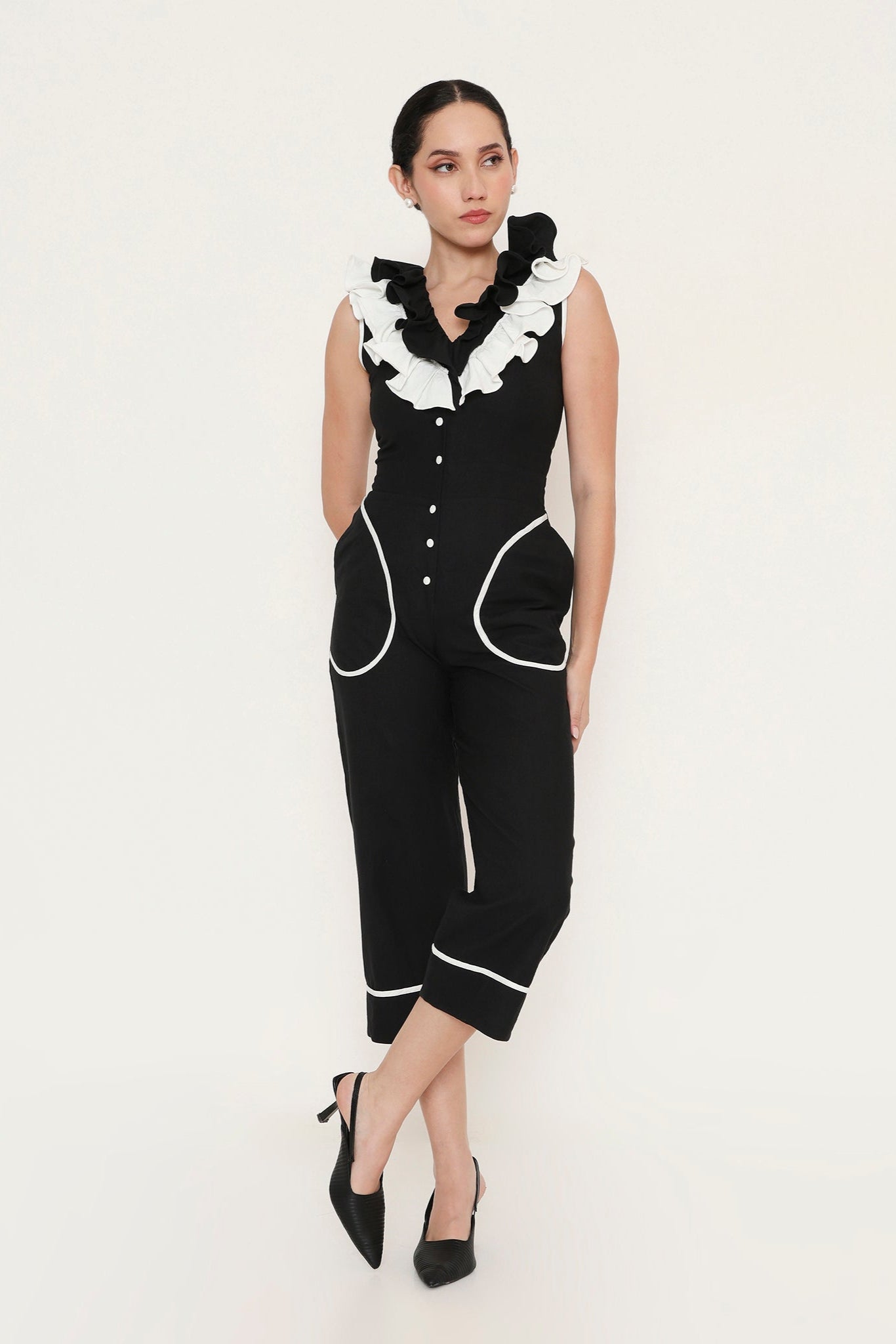 Two-Tone Ruffle Trim Jumpsuit