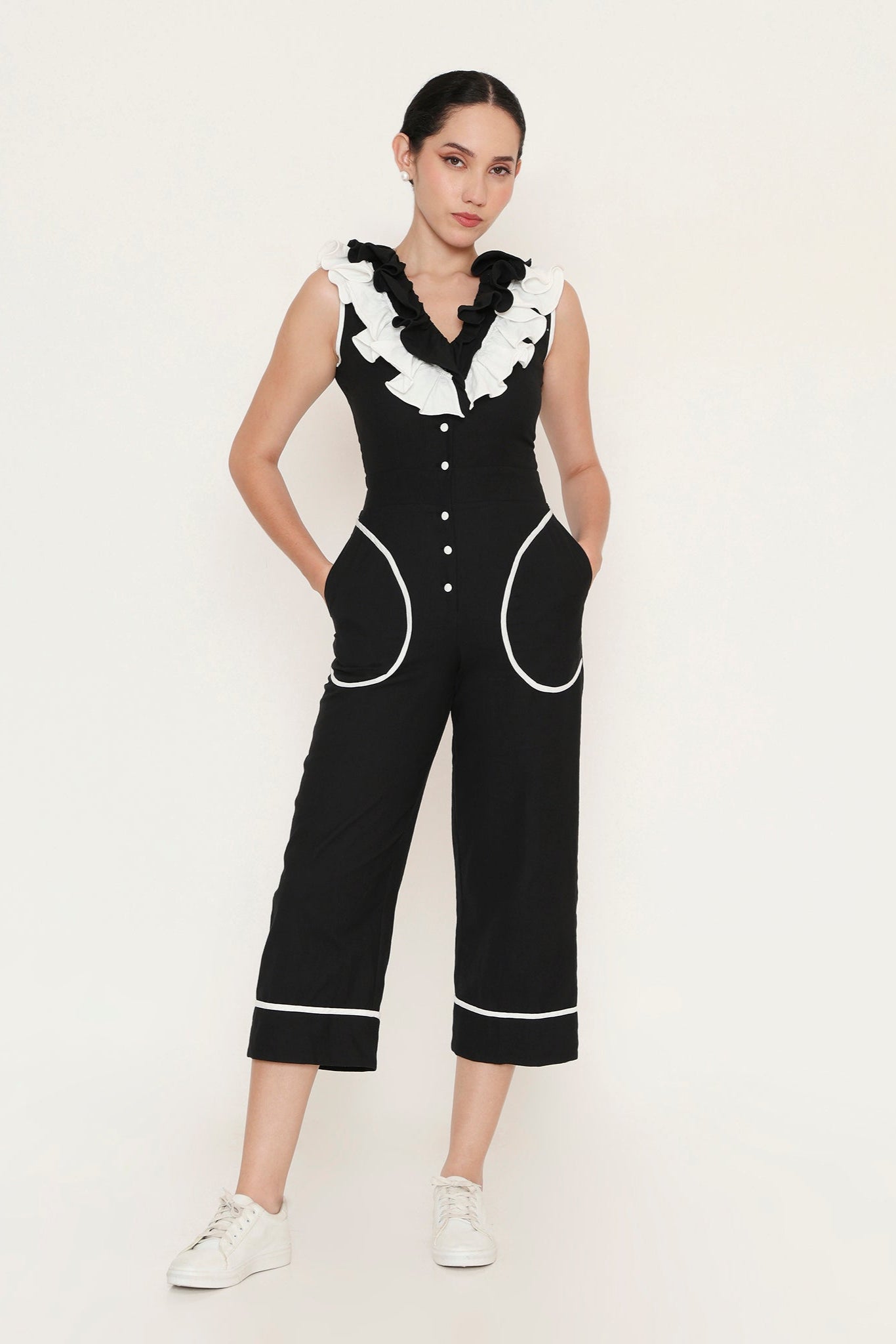 Two-Tone Ruffle Trim Jumpsuit