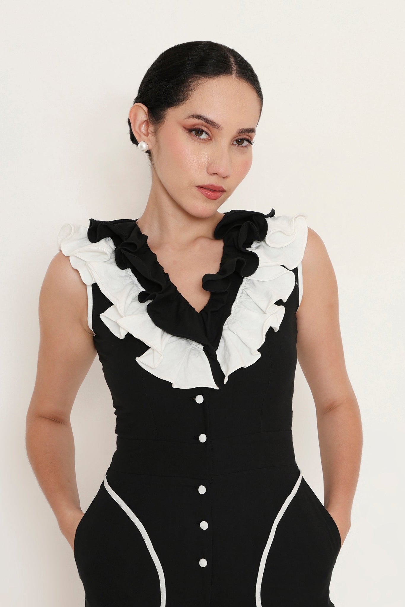 Two-Tone Ruffle Trim Jumpsuit