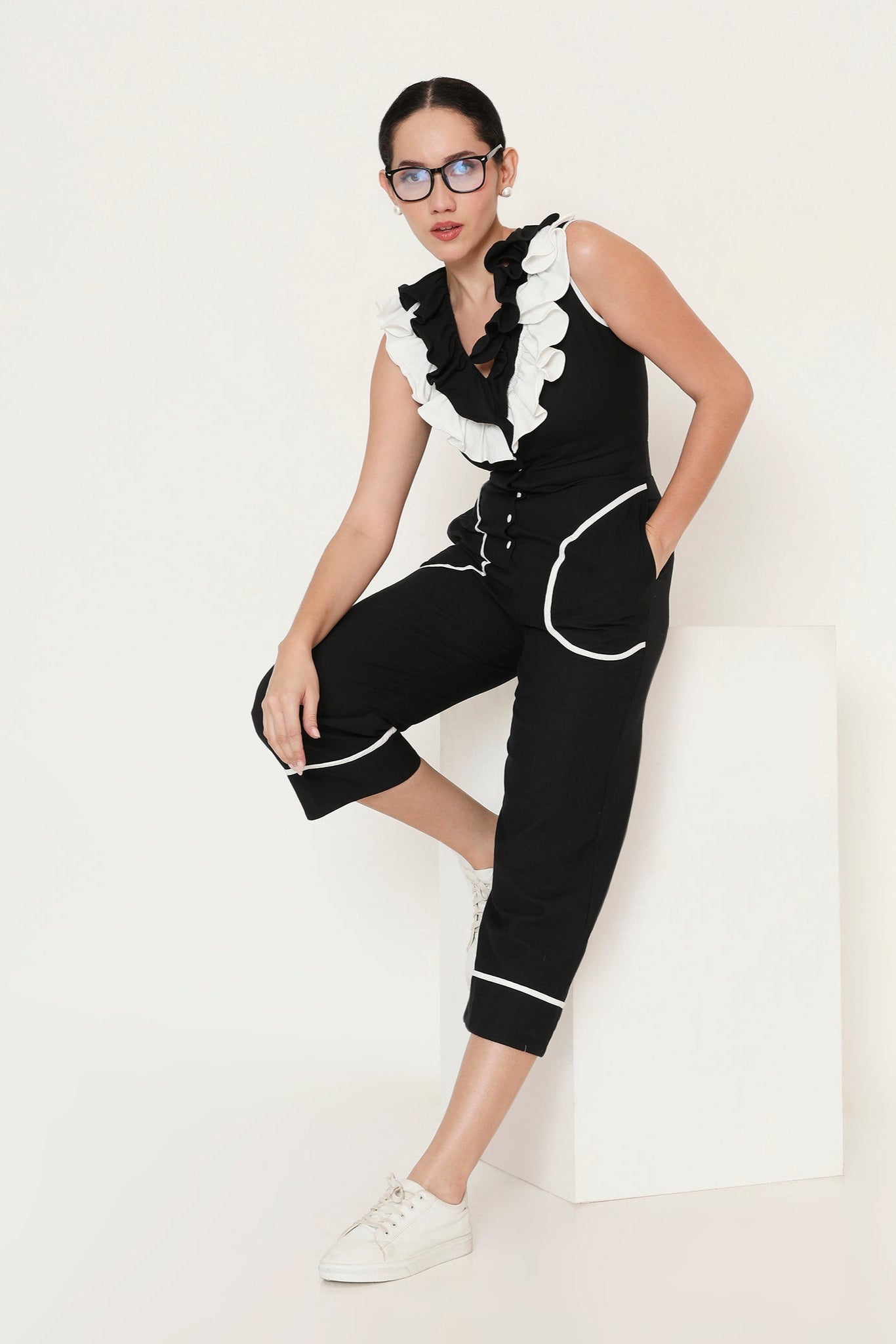Two-Tone Ruffle Trim Jumpsuit
