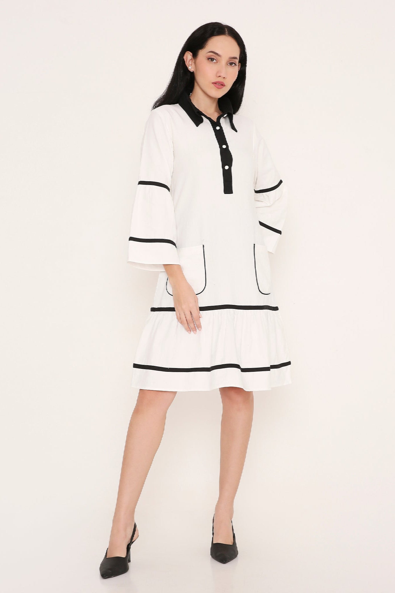 POP-COLLAR MONOCHROME MIDI DRESS
