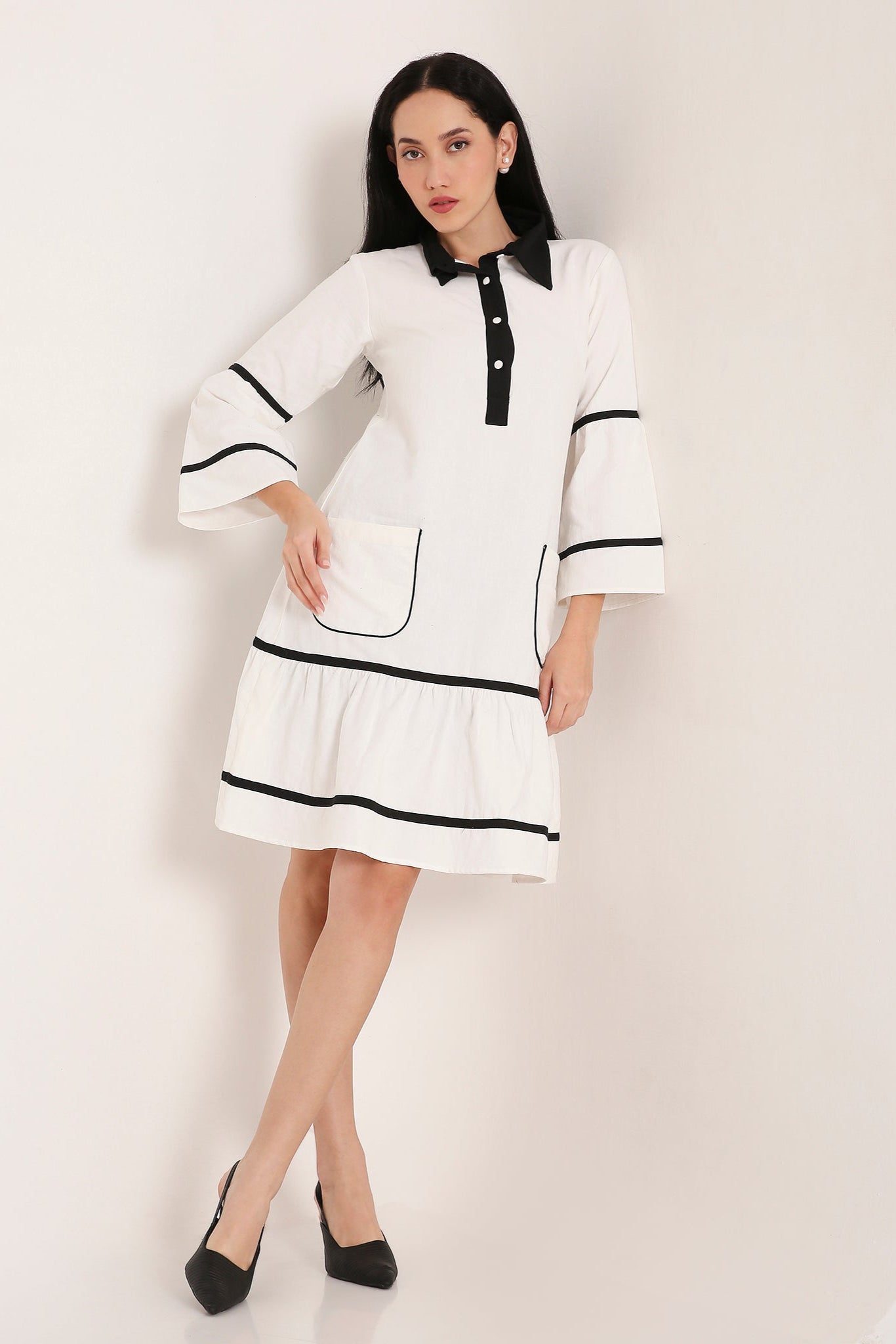 POP-COLLAR MONOCHROME MIDI DRESS