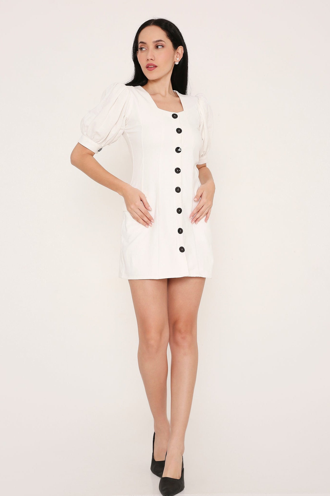 CONTRAST BUTTON MINI DRESS