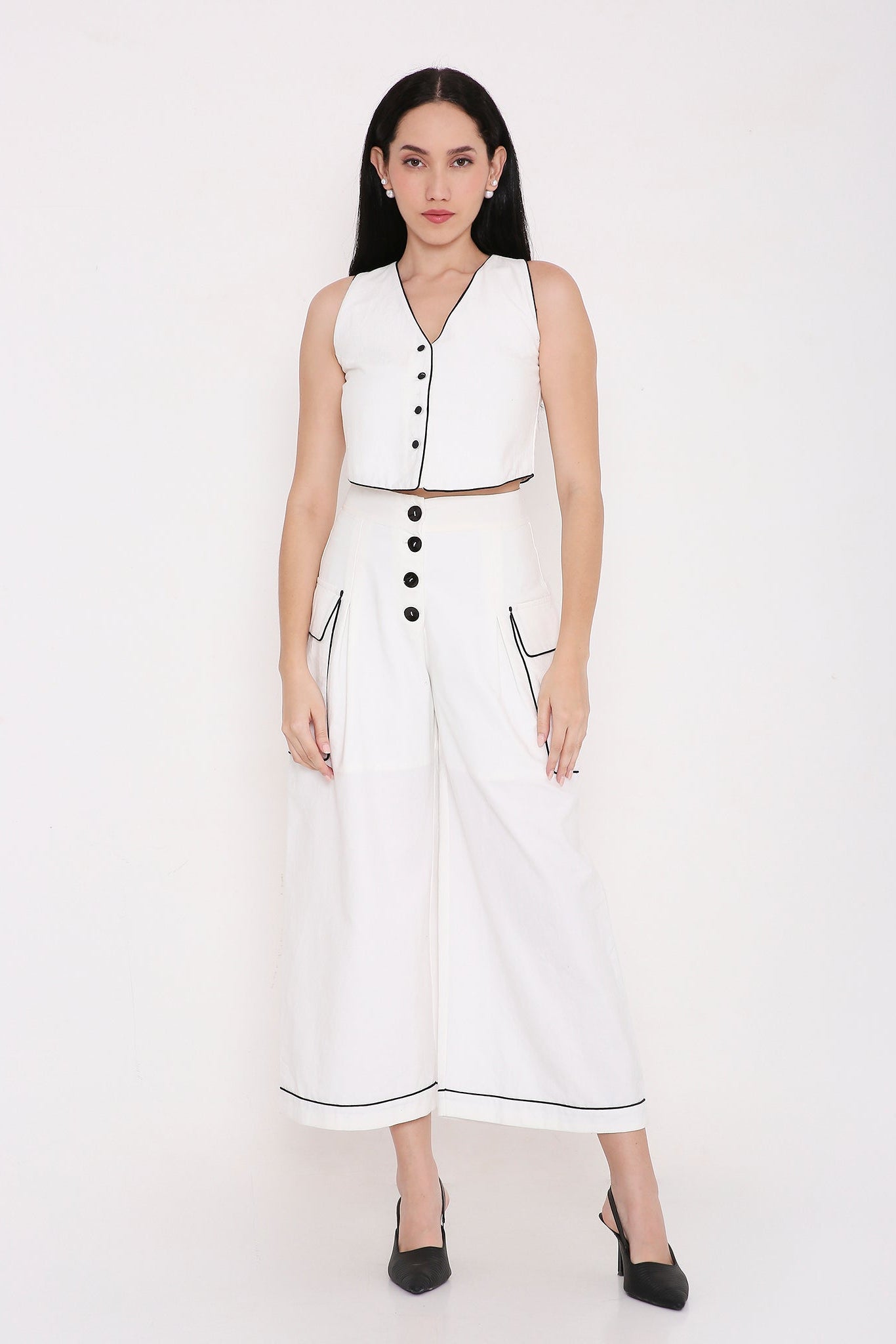 Cropped Piped Button Vest