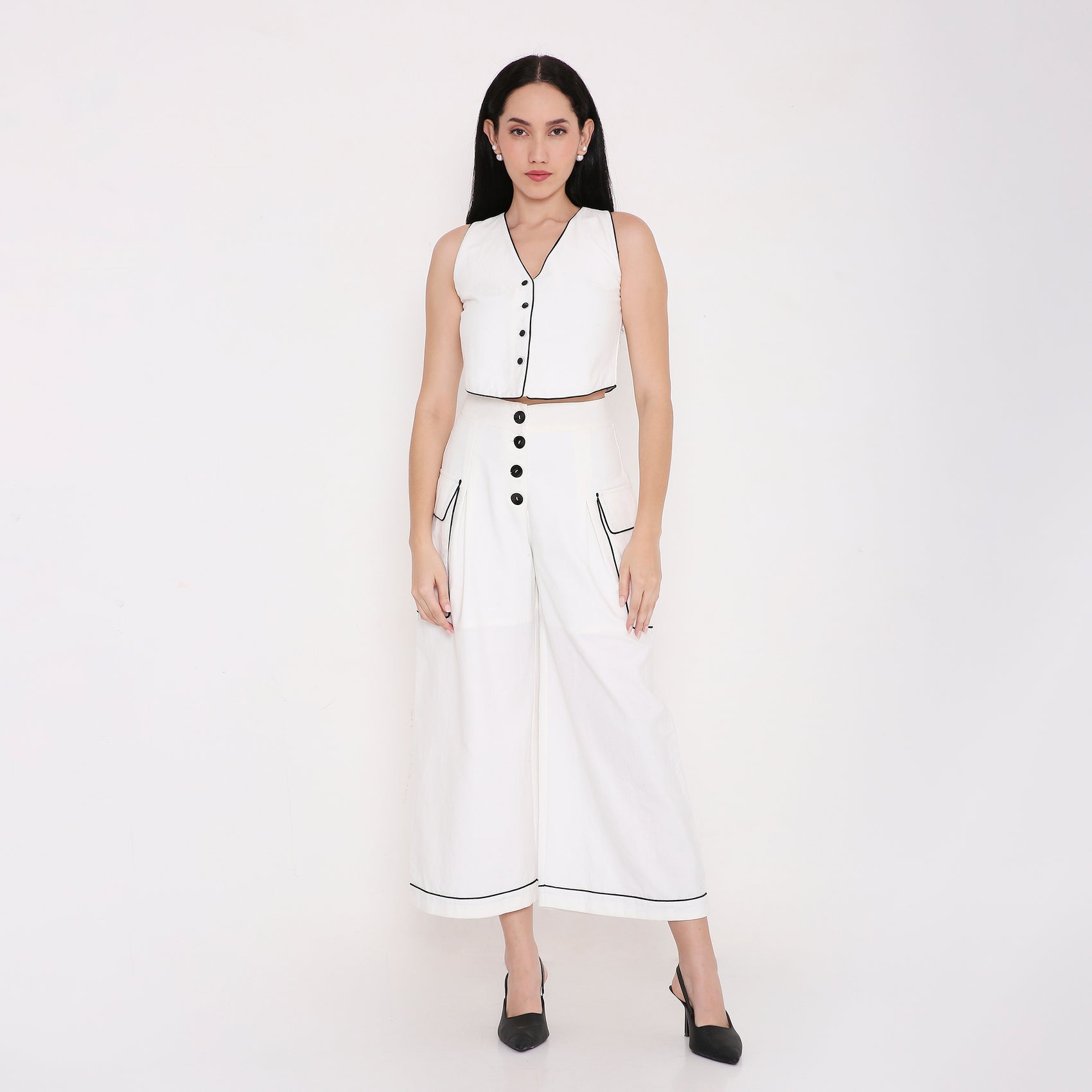Cropped Piped Button Vest