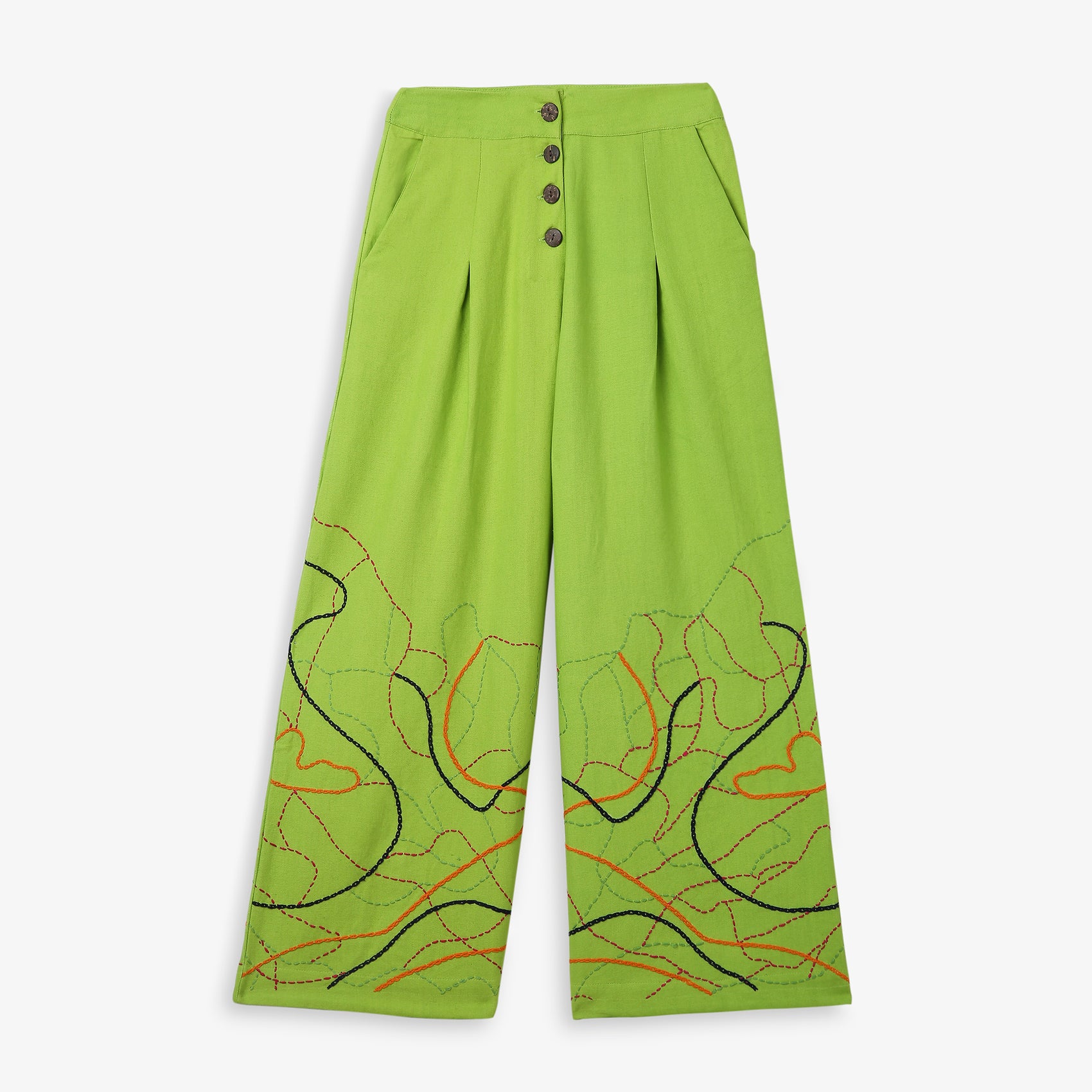 Wide-Leg Trousers Kantha Embroidered Hem