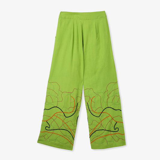 Wide-Leg Trousers Kantha Embroidered Hem