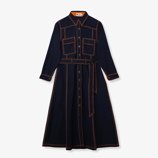 Contrast Stitch Belted Shirt Dress